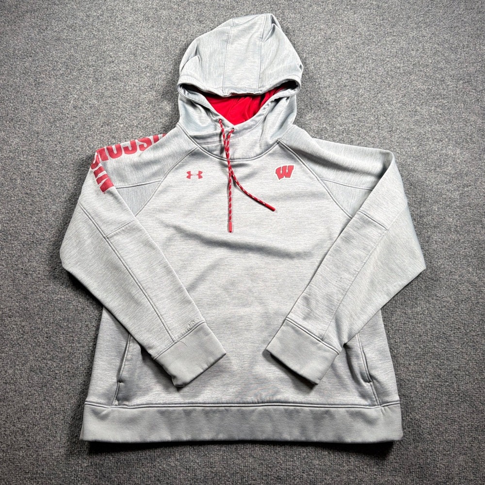 Wisconsin Badgers Under Armour Hoodie Kids Large Gray ColdGear Storm1 Pullover
